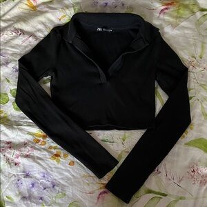 Zara Black Long Sleeve Collared Crop Top